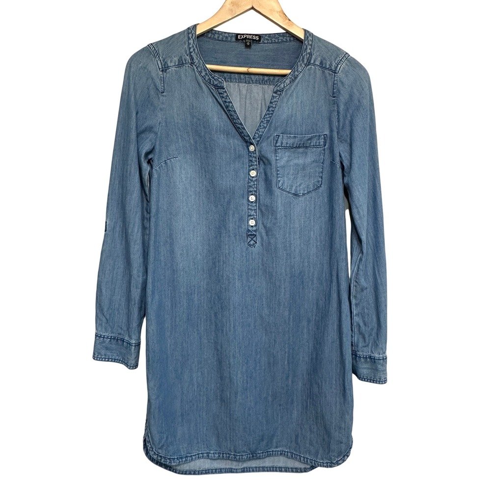 Express Denim Mini Shirt Dress Womens‎ XS Blue Roll Tab Sleeve Casual Relaxed